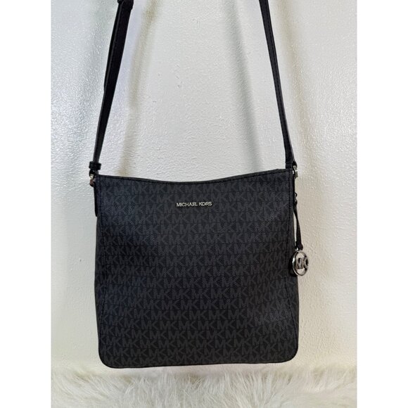 Michael Kors Jet Set Travel Large Messenger Bag Logo-Print Canvas Black/Silver - Picture 1 of 16